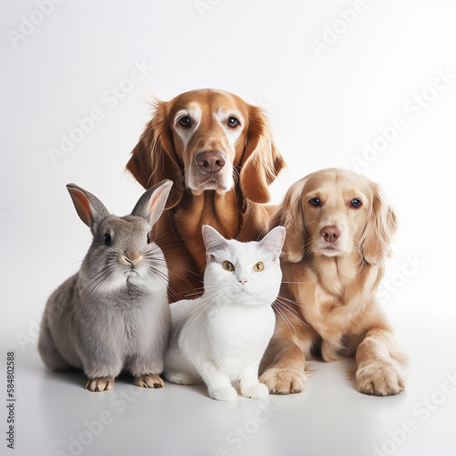 Dogs, cute cat and nice rabbit together on white background close-up, great illustration for an advertisement for pet supplies, ai generative