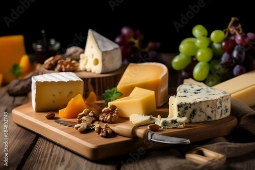 mix cheese with grapes on a wooden plate