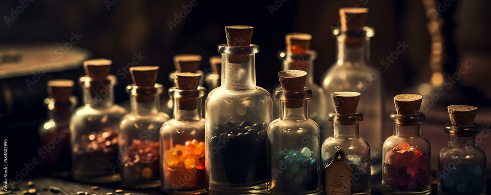Colourful bottles of different minerals and substances Colourful bottles of different minerals and substances