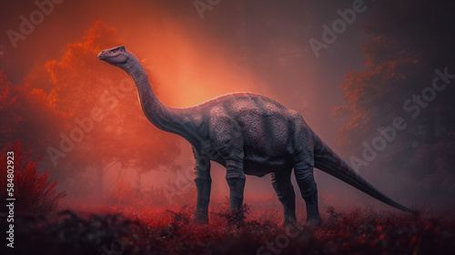 Happy Apatosaurus in Front of a Golden Sunset  Surrounded by Vegetation  Cinematic Shot