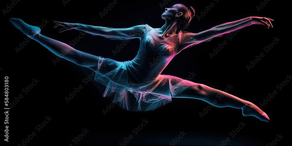 Fototapeta premium Young beautiful woman emotionally dancing contemporary, modern ballet dance. Shot in a dark studio with blue lights. Generative AI