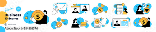 Business Concept illustrations. Different business financial scene. Mega set. Collection of scenes with men and women taking part in business activities. Vector illustration