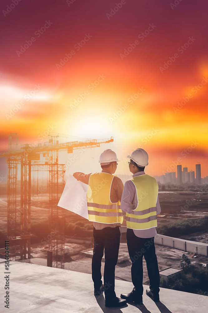 Fototapeta premium Architect and engineer discussing on construction site with plan. Generative AI. 5