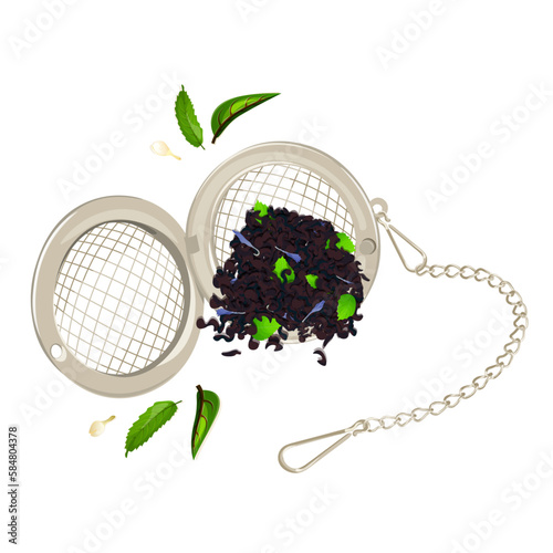 Infuser strainer, loose tea strainer, with cornflowers and mint, tea shop, cafe bar, tea lover, tea party, kitchen concept. Isolated vector illustration
