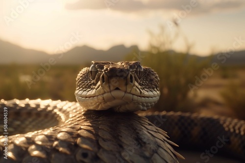 A close up glamor shot of a rattlesnake coiled up with its teeth out ready to bite and strike, Mountains cactus and a stream in the background, Generative IA