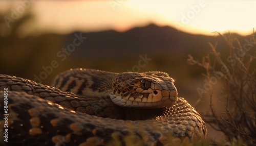 A close up glamor shot of a rattlesnake coiled up with its teeth out ready to bite and strike, Mountains cactus and a stream in the background, Generative IA photo