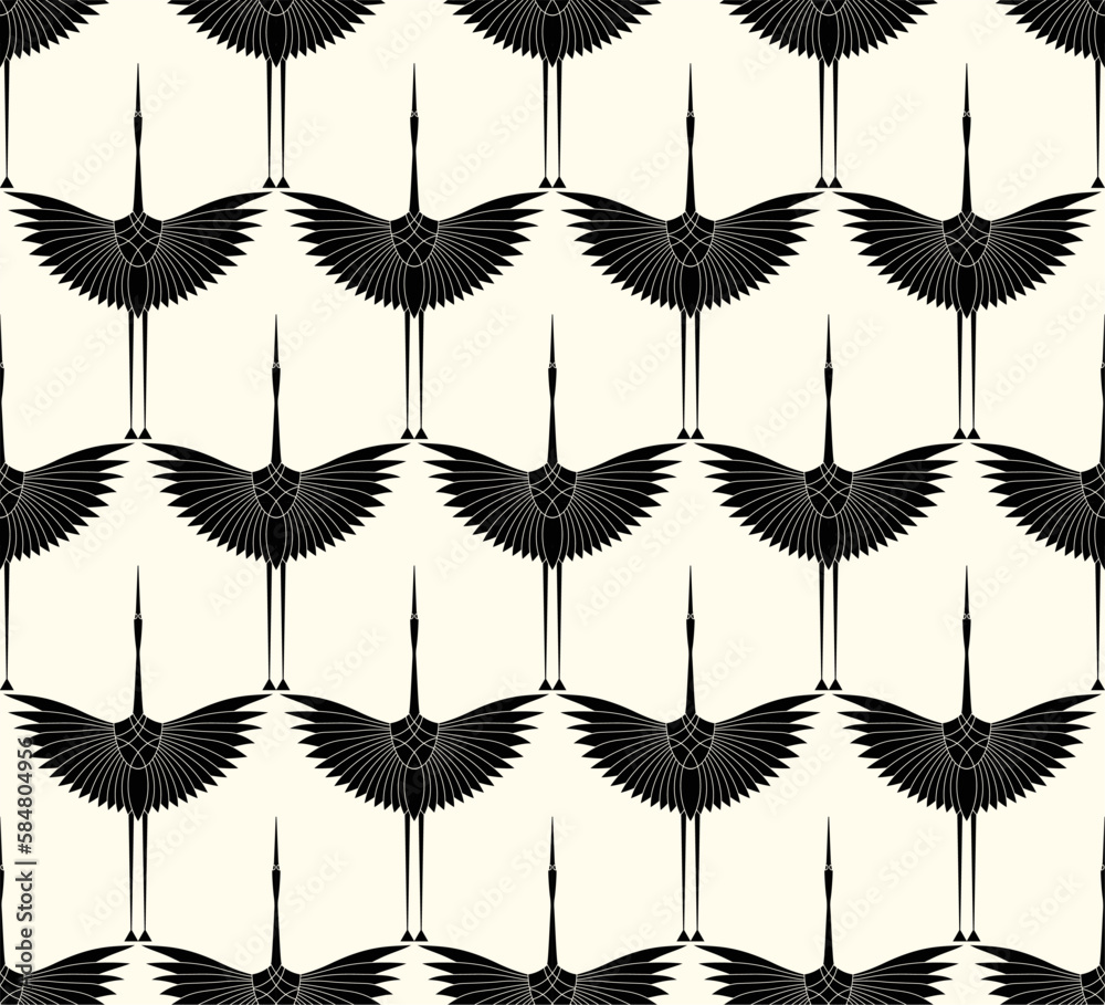 Herons in Art Deco style. Seamless Pattern for interior decoration, textiles. Fashionable home decor. Vector illustration texture isolated on white vintage background - obrazy, fototapety, plakaty 