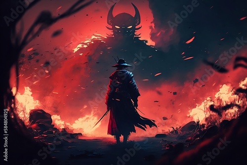 A samurai in a demonic red mask on the battlefield with a katana, rpg, fantasy. generative ai