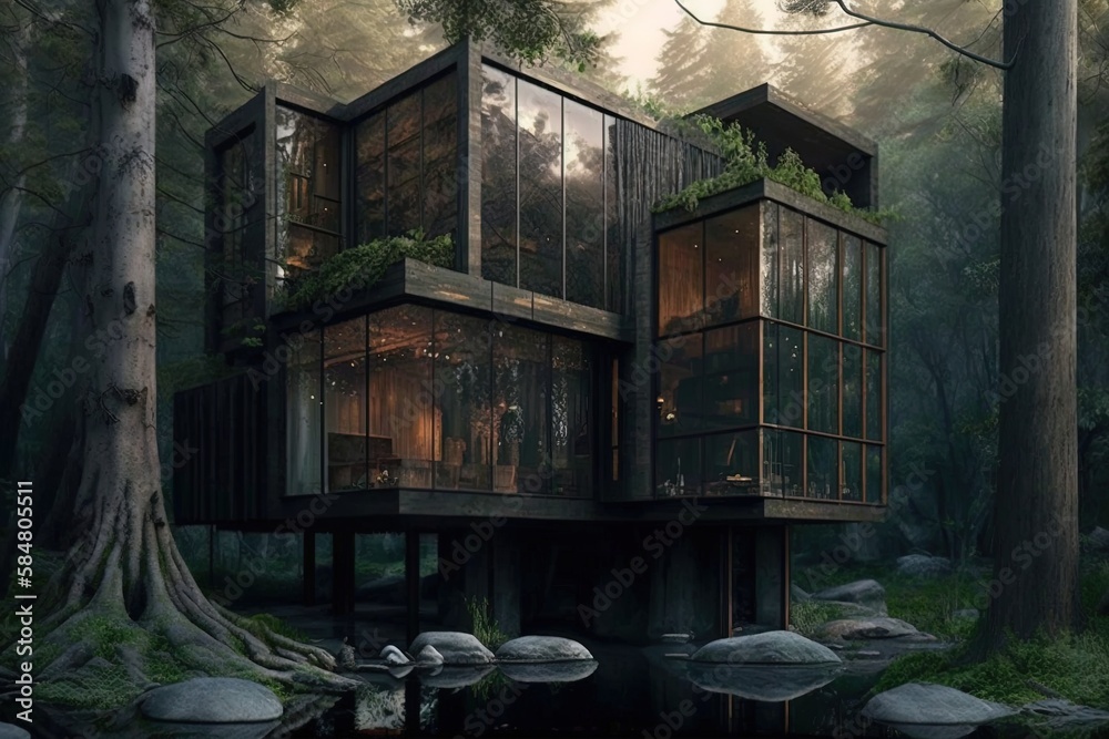 Picturesque Woodland Abode: An Artistic Wooden House Image Generative AI