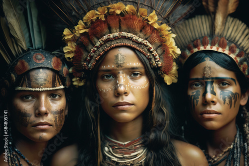 Group portrait of indigenous people from the Amazon with ritual paintings on their face and headdresses looking at the camera. Generative ai