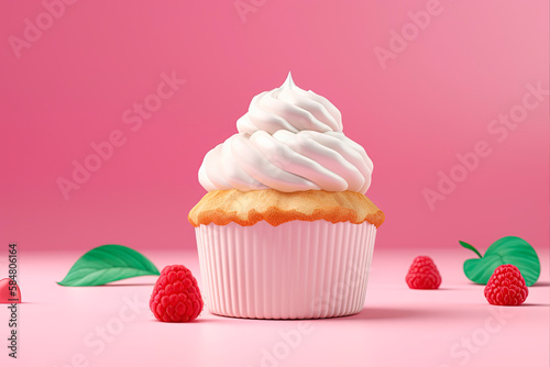 Vanilla cupcake decorated with raspberries on a pink background. Generative AI