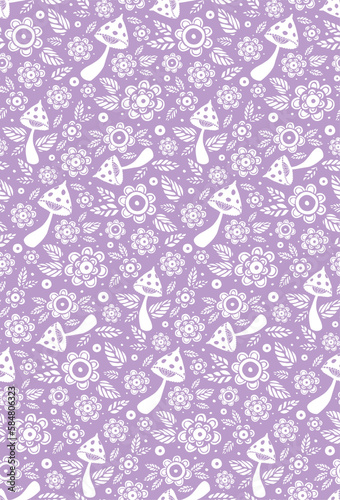 Small flowers and mushrooms seamless pattern vector illustration