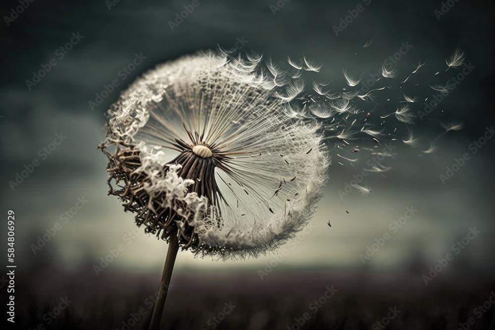 dandelion seed head in the wind, with seeds drifting away and flying ...