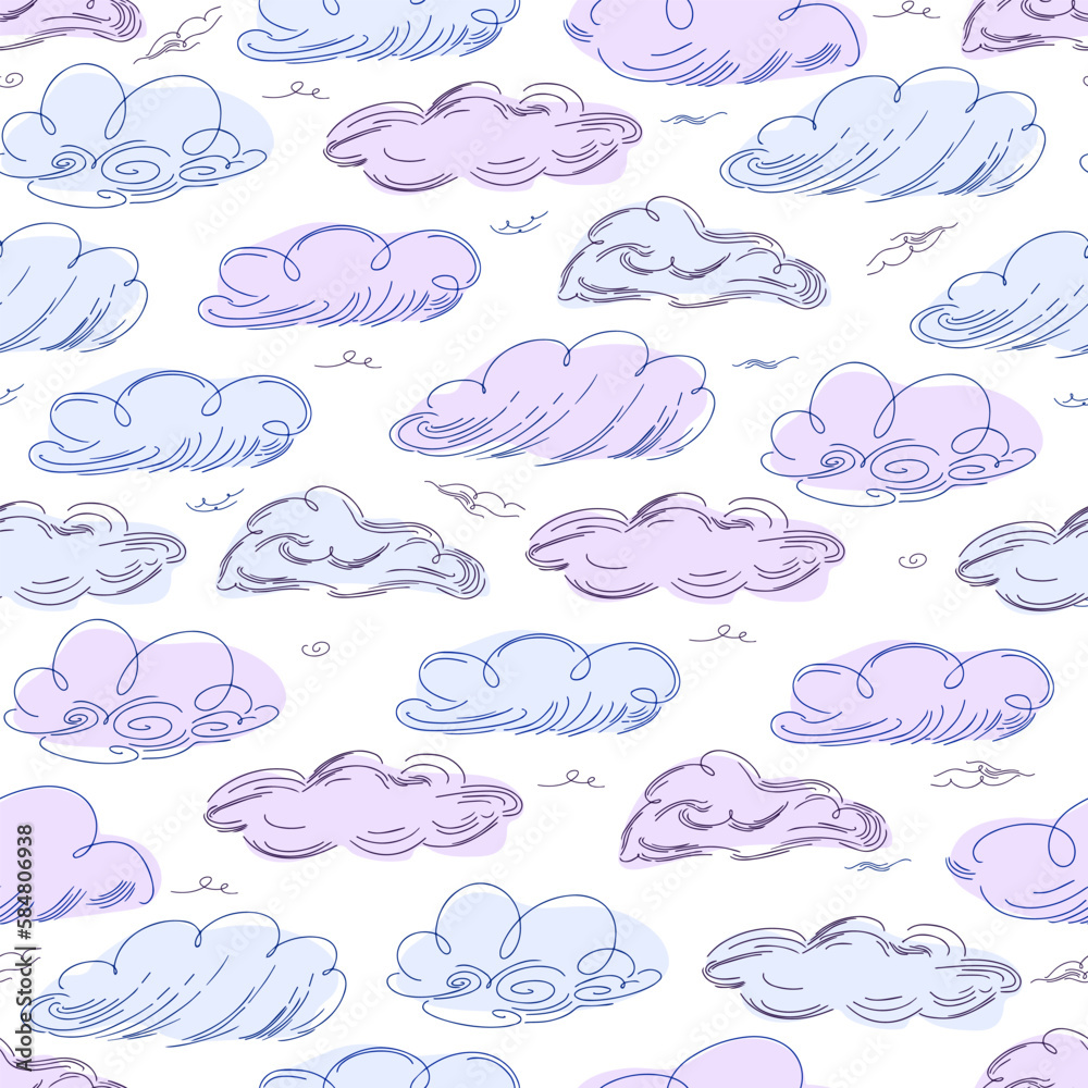 Seamless cloud pattern graphics in trendy style on white background. - obrazy, fototapety, plakaty 