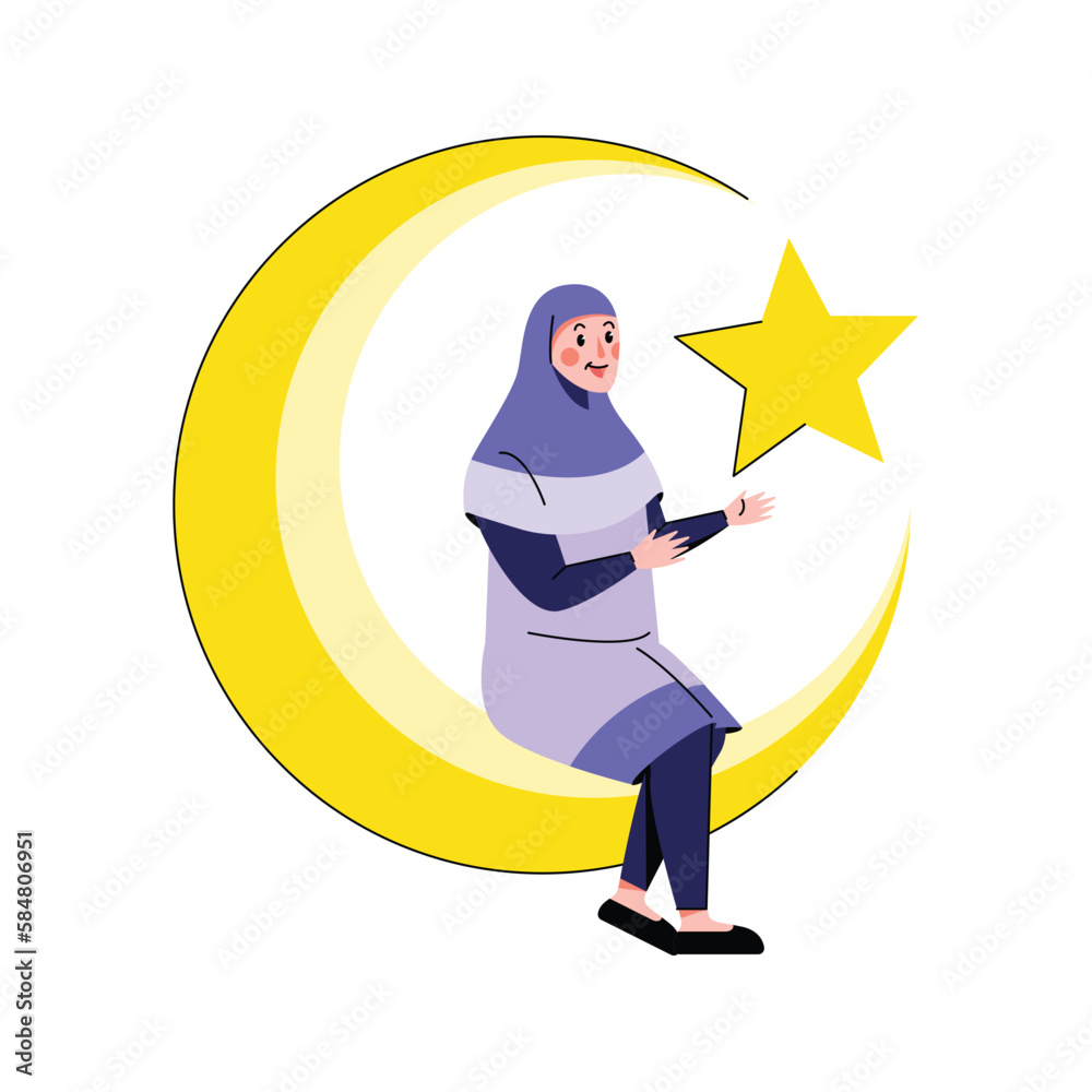 Muslim woman praying at night flat illustration
Muslim woman praying at night flat illustration