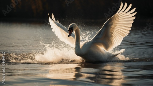 a photo of a swan landing in the water, Generative IA photo