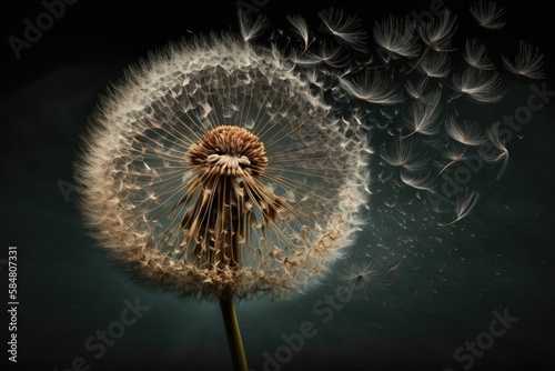 windblown dandelion seed head, with seeds floating away, created with generative ai