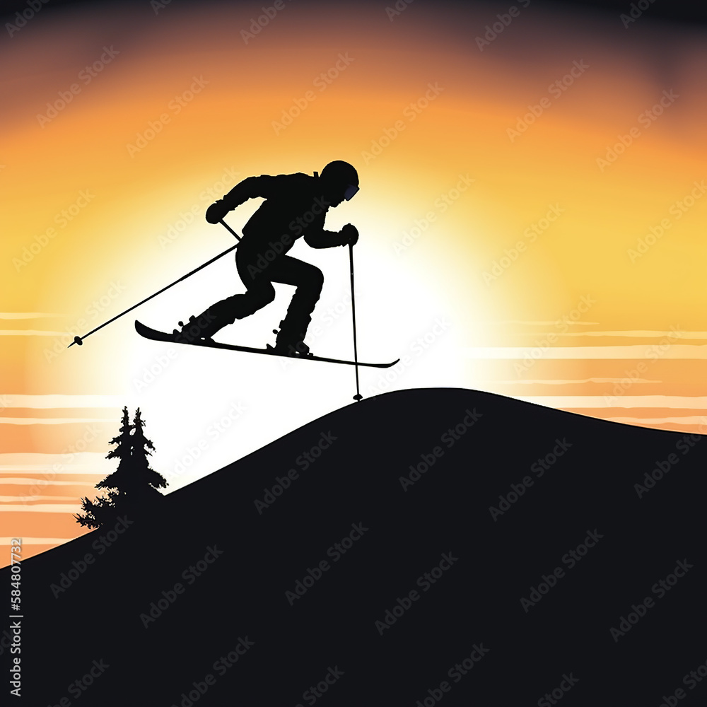 silhouette, sport, ski, winter, skiing, vector, snow, skier, people, illustration, sports, golf, action, black, player, fun, cold, competition, boy, mountain, extreme, activity, generated ai