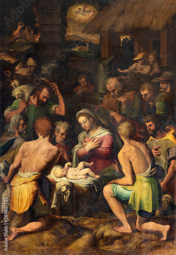GENOVA, ITALY - MARCH 6, 2023: The painting of Nativity in the church Chiesa di Santa Caterina by Andrea Semino (1525 - 1595).