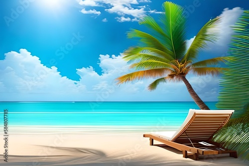 Beautiful tropical beach with white sand and two sun loungers on background of turquoise ocean and blue sky with clouds. Frame of palm leaves and flowers. Perfect landscape for relaxing vacation 