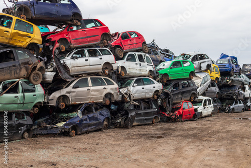 Wrecked car junkyard, cars for scrap