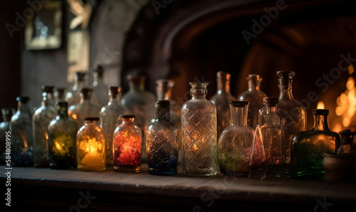 Beautiful decorated ornamental bottles in front of fireplace