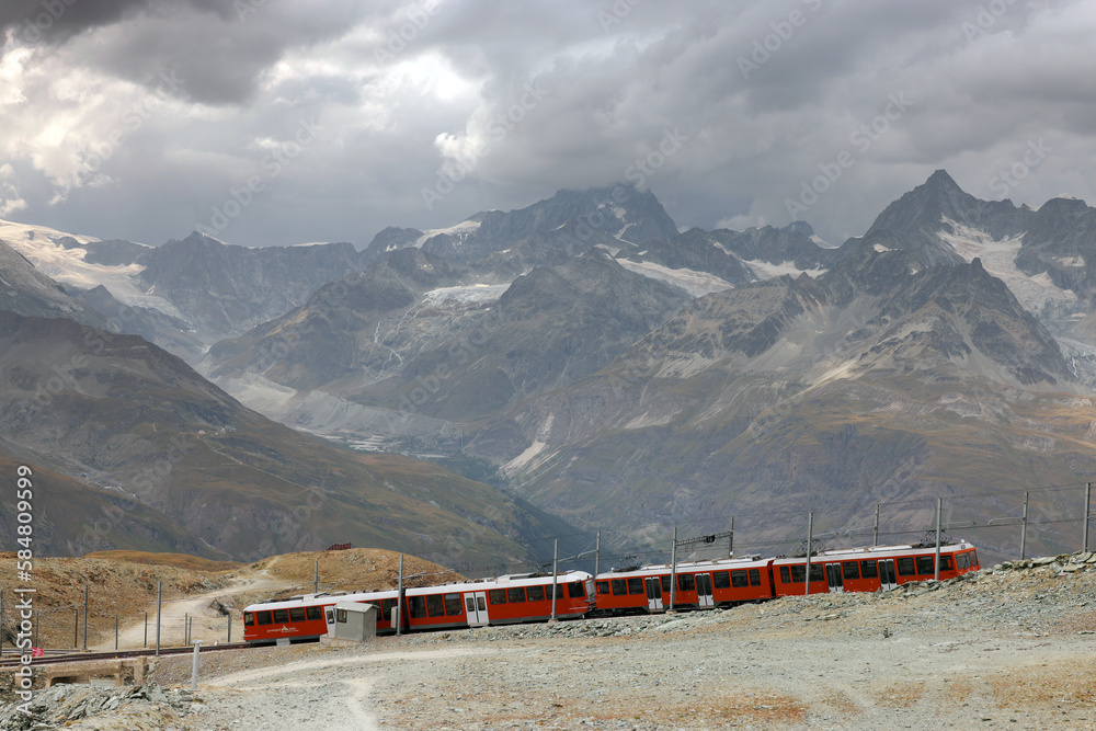 The mountain train from Zermatt up to Gornergrat. The Gornergrat bahn. Summer in the swiss alps. Switzerland.