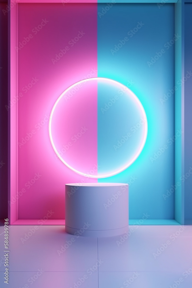 3D Renderings: Empty Room Interior Design and Glowing Neon Pastel Pedestal Product Display. Showcase Your Modern and Stylish Products. Generative AI. 3D Renderings: Empty Room Interior Design and Glowing Neon Pastel Pedestal Product Display. Showcase Your Modern and Stylish Products. Generative AI.