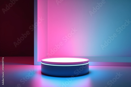 3D Renderings  Empty Room Interior Design and Glowing Neon Pastel Pedestal Product Display. Showcase Your Modern and Stylish Products. Generative AI.