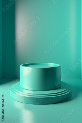 3D Renderings: Empty Room Interior Design and Vivid Teal Pedestal Display. Showcase Your Modern and Stylish Products. Generative AI. © PEPPERPOT