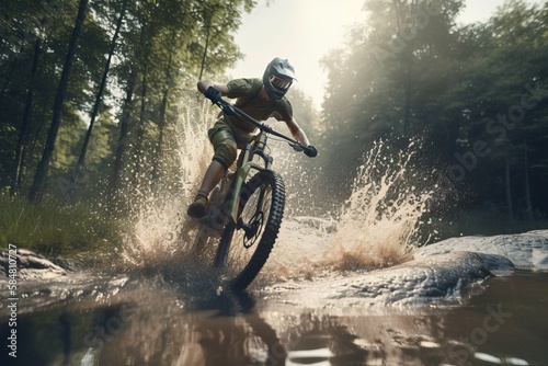 Male cyclist splashing water with mountain bike. AI generated