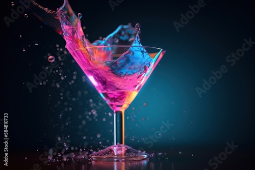 Martini cocktail drink splash with ice cubes in neon iridescent pink and blue colors. AI generated