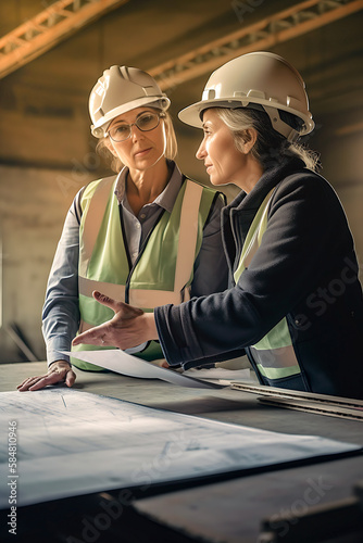 Mature engineer and contractor woman discussing at construction site. Generative AI. 8