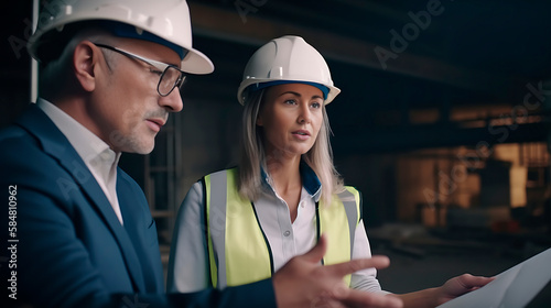Mature engineer and contractor woman discussing at construction site. Generative AI. 4