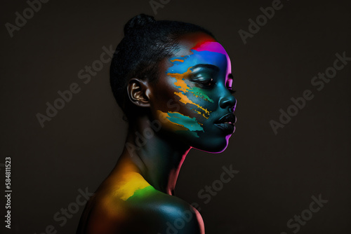 black woman with colorful make up on dark background 