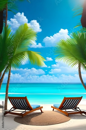 Beautiful tropical beach with white sand and two sun loungers on background of turquoise ocean and blue sky with clouds. Frame of palm leaves and flowers. Perfect landscape for relaxing vacation --ar