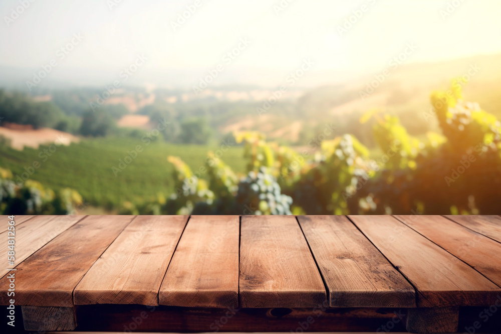 Empty wooden counter table in front of blurred background of Italian hills for product display. Generative AI. Empty wooden counter table in front of blurred background of Italian hills for product display. Generative AI.