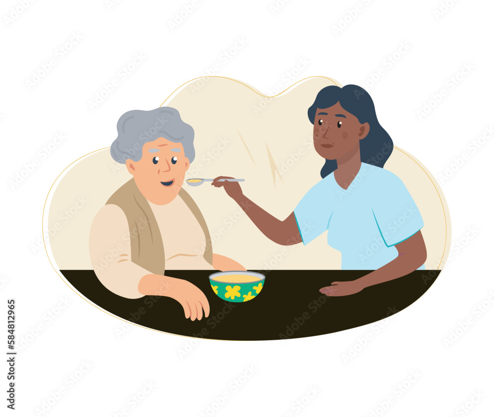 Nursing and feeding elderly person. Care, support for aged senior people concept. Caregiver volunteering, helping old woman eat with spoon. Flat vector illustration isolated on white background stock Nursing and feeding elderly person. Care, support for aged senior people concept. Caregiver volunteering, helping old woman eat with spoon. Flat vector illustration isolated on white background stock