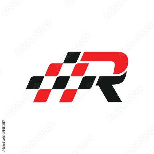 letter R and racing flag for racing and automotive logo designs