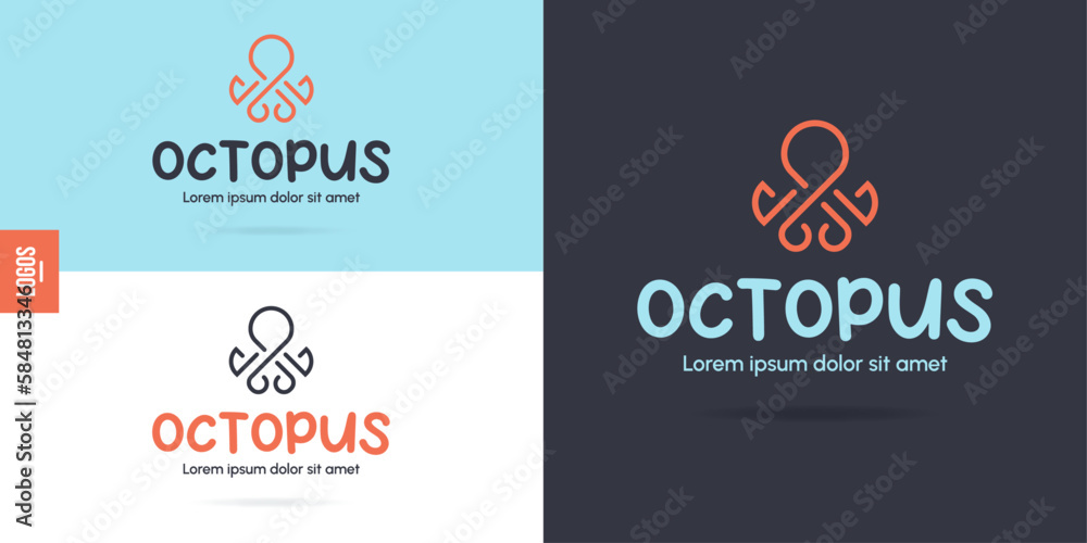 Octopus Minimalist Logo - Flat Design - Thin Outline - Elegant and Rounded - Modern Design and Typography - obrazy, fototapety, plakaty 