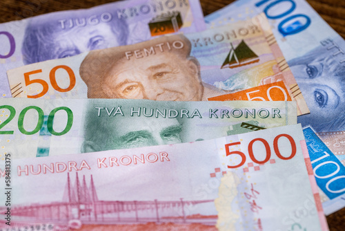 Sweden money, Swedish Kronor currency, Financial and economic concept