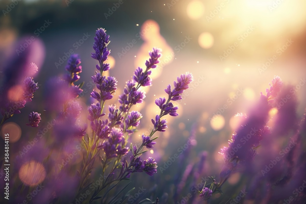 Obraz premium Blooming lavender flowers in the morning, shiny elegant background illustration Generative AI