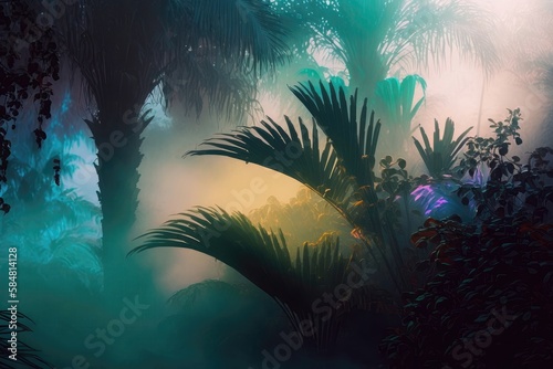 Mystical early morning in the tropics palm trees in the fog after rain  glow color light background illustration Generative AI