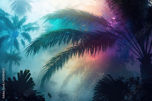 Mystical early morning in the tropics palm trees in the fog after rain  glow color light background illustration Generative AI