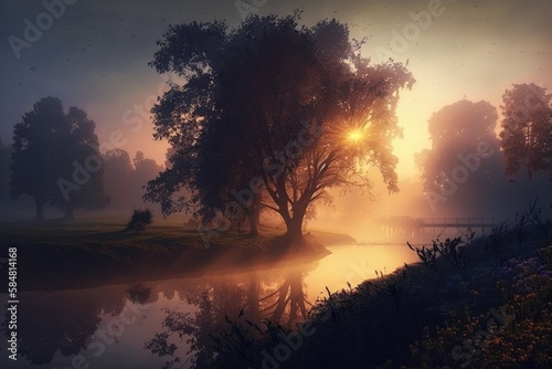 Spring thaw by the river, morning fog landscape, nature outdoor landscape background illustration Generative AI © Artem