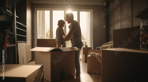 young couple ans son moves to a new home. the family carries boxes of things after buying a home. GENERATIVE AI ©  freeprompt