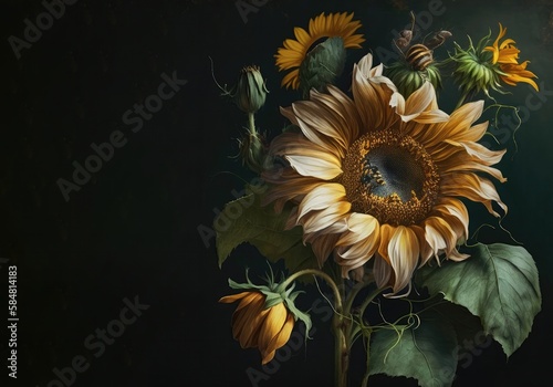 Realistic sunflower bouquet nature dark background, yellow flower illustration Generative AI