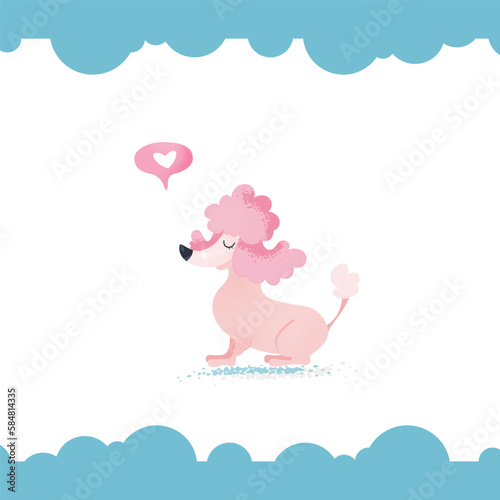 Cute pink poodle with speech bubble and heart. Cartoon vector illustration of dog. T-shirt kids design 