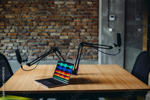 Desk with podcast equipment 