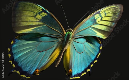 Colourful butterfly, beautiful glowing multi-coloured butterfly on Gray background © aimart